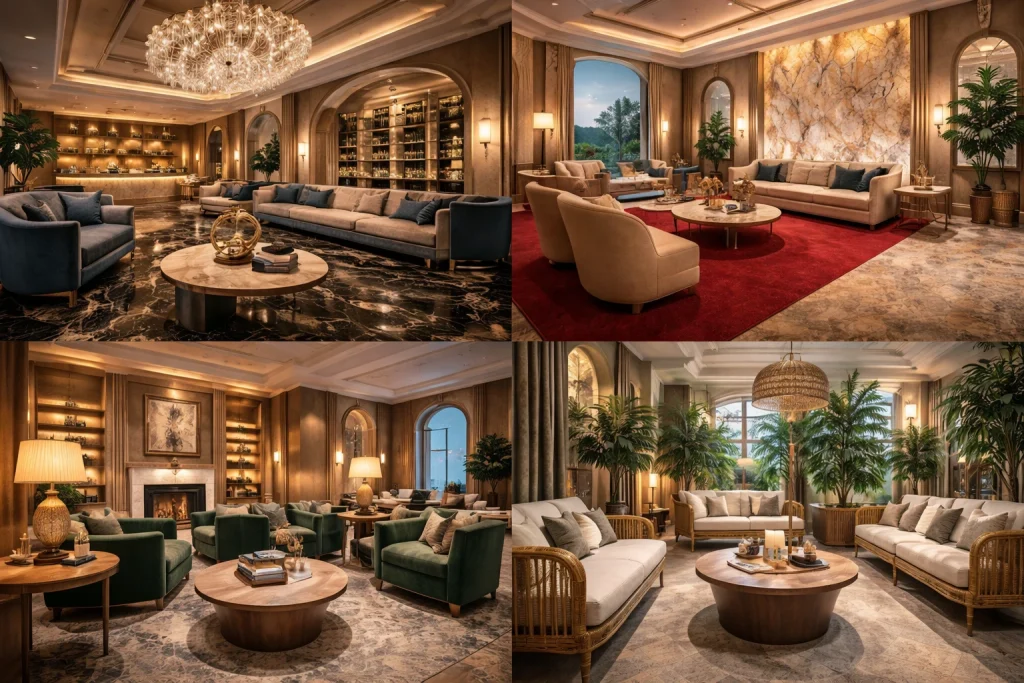 Layered lighting design in a Dubai hotel lobby created to enhance ambience and Instagrammable moments.