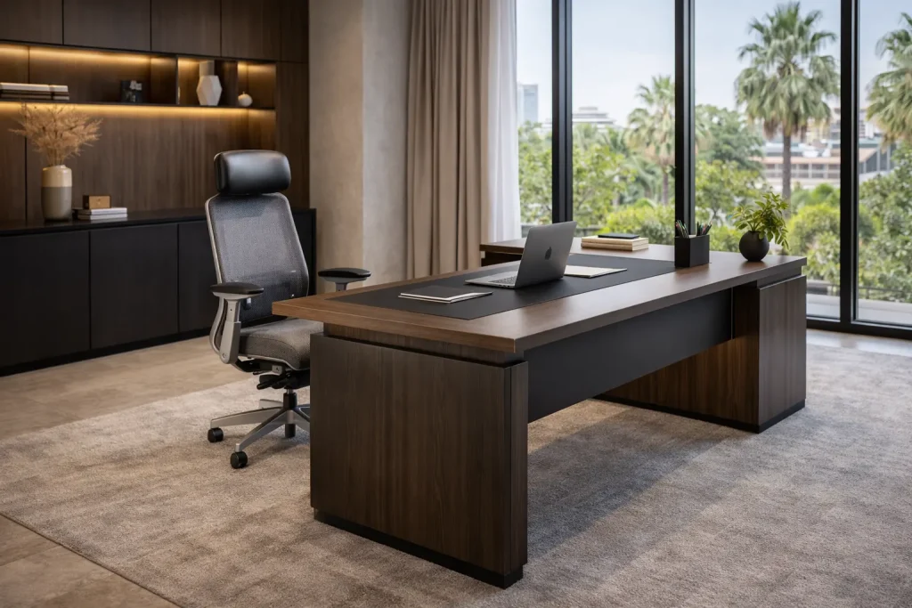 Luxury executive office desk and chair combination designed for private offices using modern office furniture in UAE