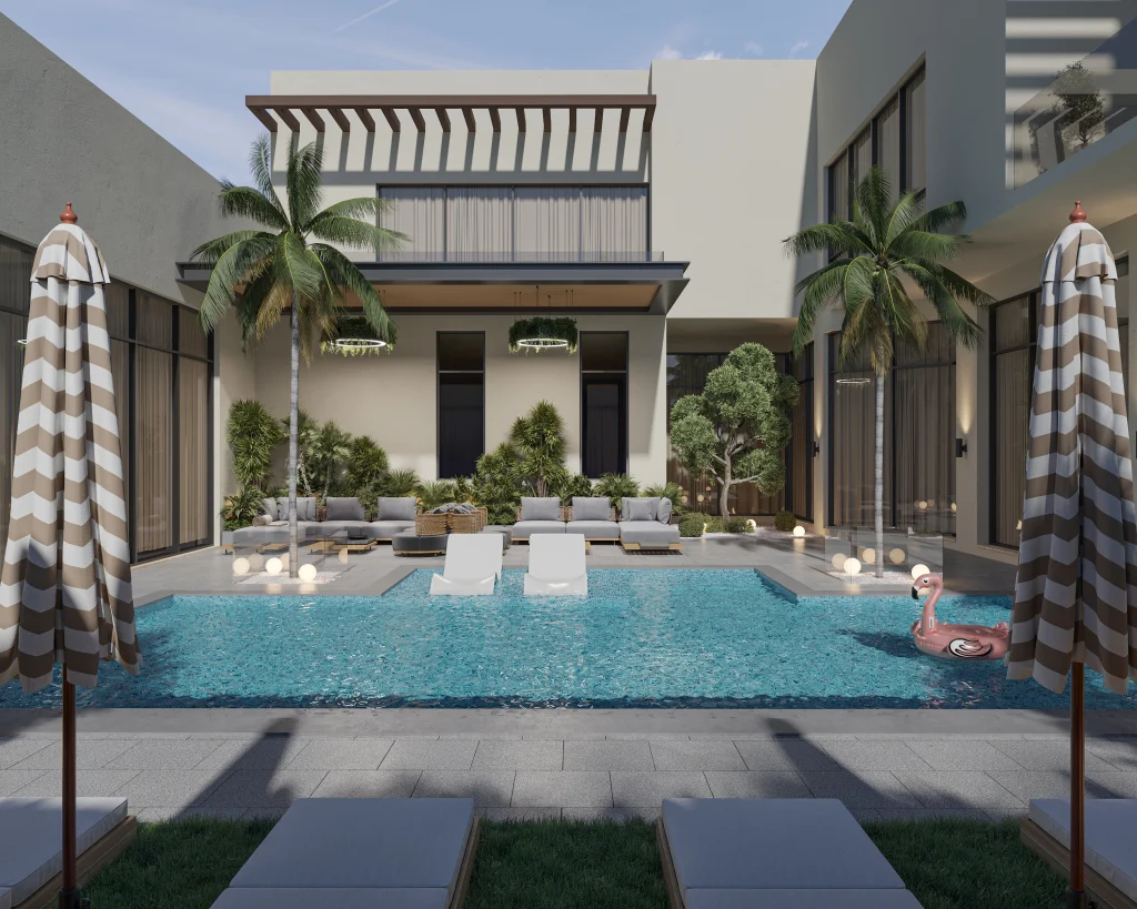 Luxury villa landscape design with swimming pool, seating zones, and tropical planting in Al Hamidiya
