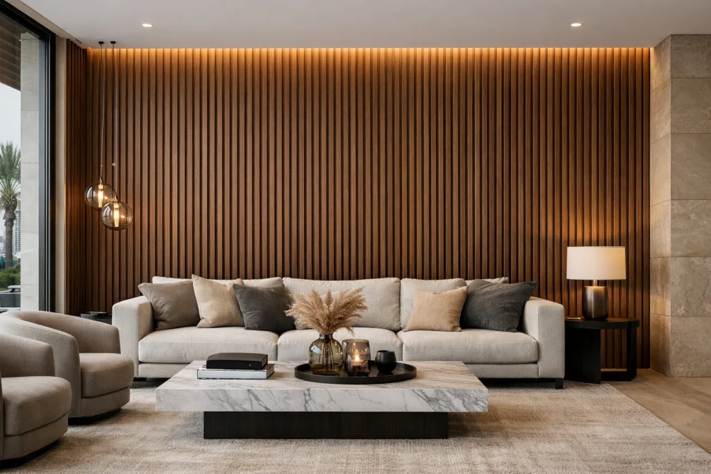 Luxury wood wall paneling with vertical fluted slats in a modern Dubai villa living room, creating warmth, texture, and acoustic comfort.