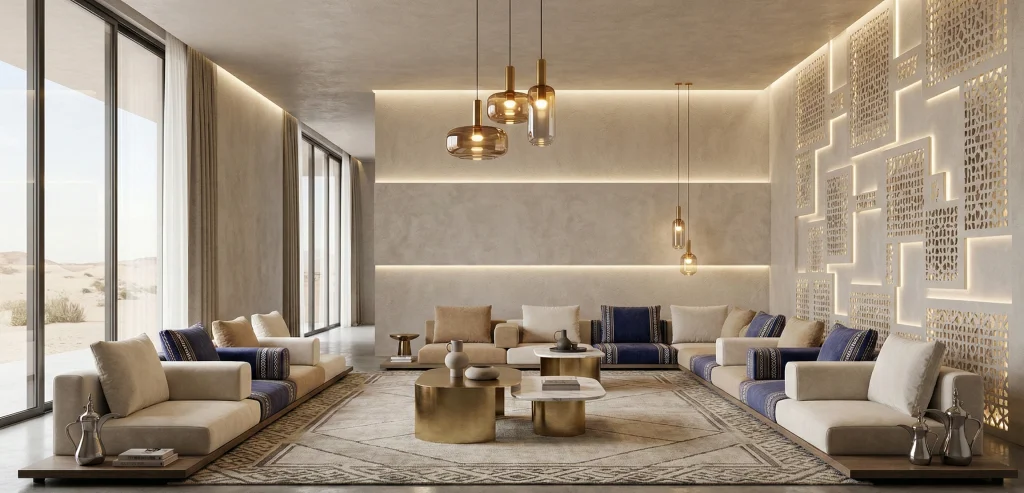 Arabic Majlis interiors using natural materials like wood and stone