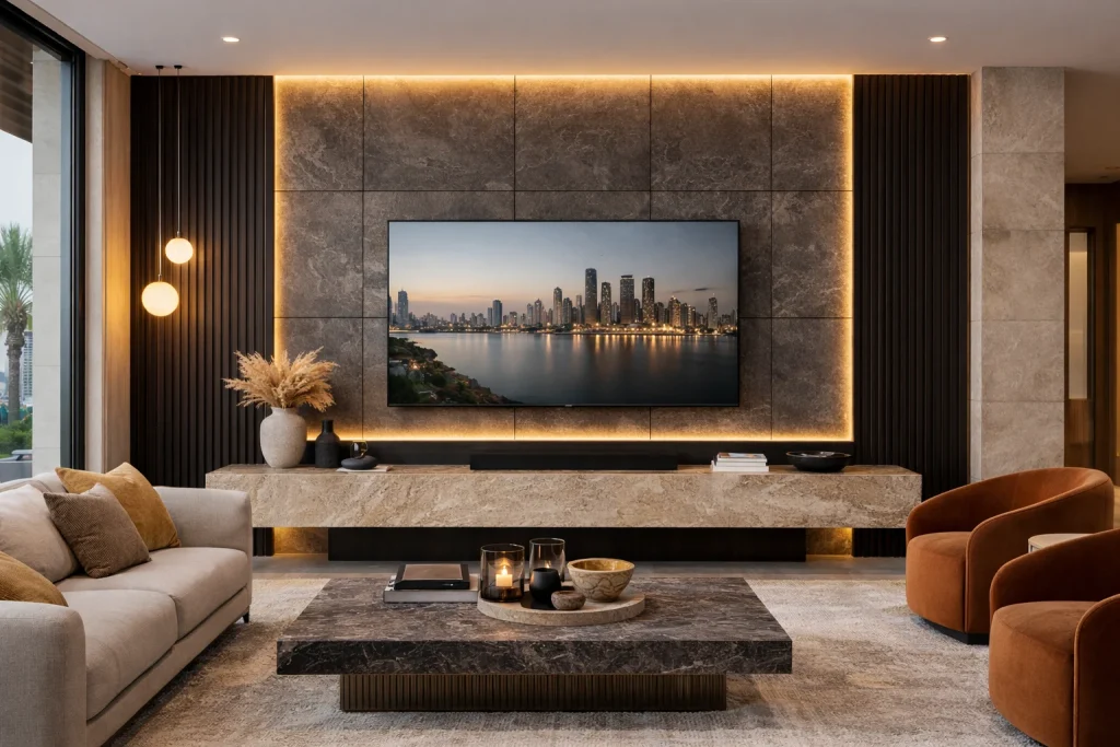 Modern TV wall panel design featuring 3D wall panels with integrated LED lighting and concealed cable management in a contemporary UAE home.