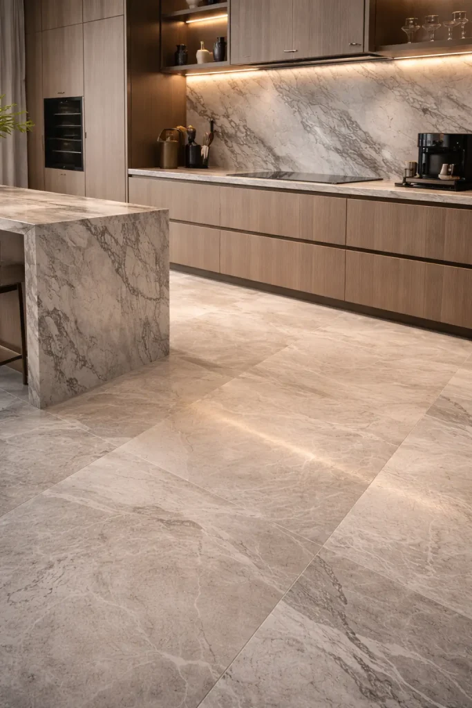 Modern kitchen tiles design using large-format slabs to create seamless surfaces.