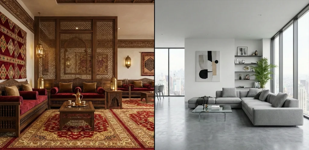 Modern majlis seating arrangement with custom sofa design