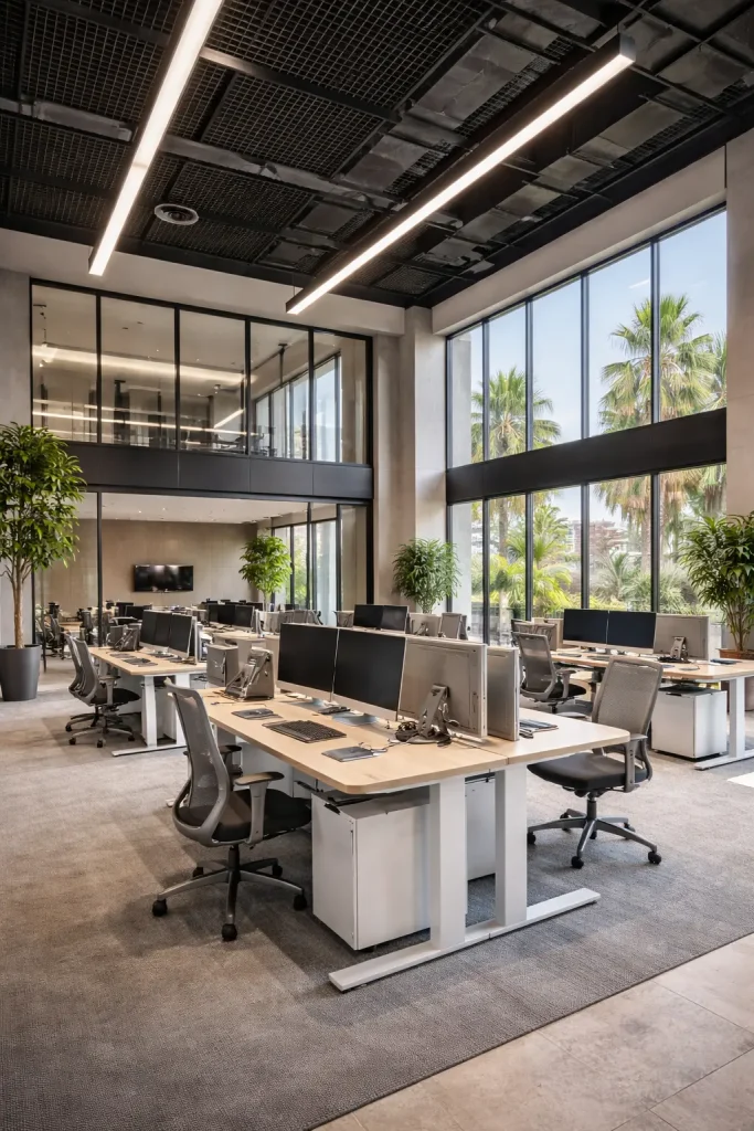 Modern office furniture setup in a UAE corporate workspace featuring ergonomic office desks, adjustable chairs, and clean cable management for productivity
