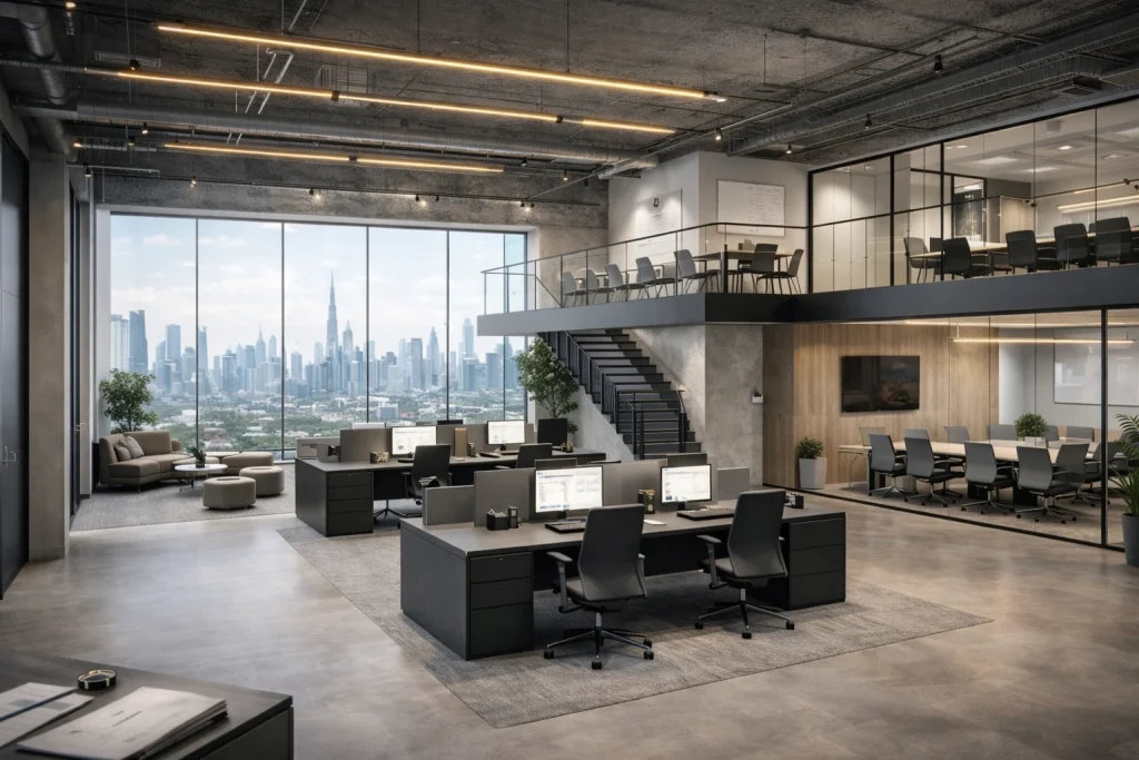 Office interior design in Dubai planned to improve productivity, collaboration, and space efficiency.
