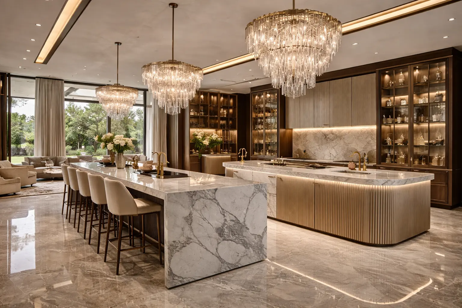Social kitchen design in a luxury Dubai villa featuring double islands and open-plan layout by a professional kitchen designer.