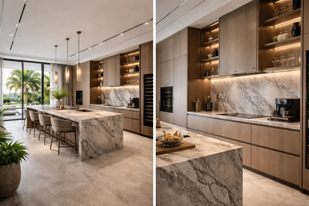 Custom kitchen cabinet design with handle-less finishes in a modern Dubai home.
