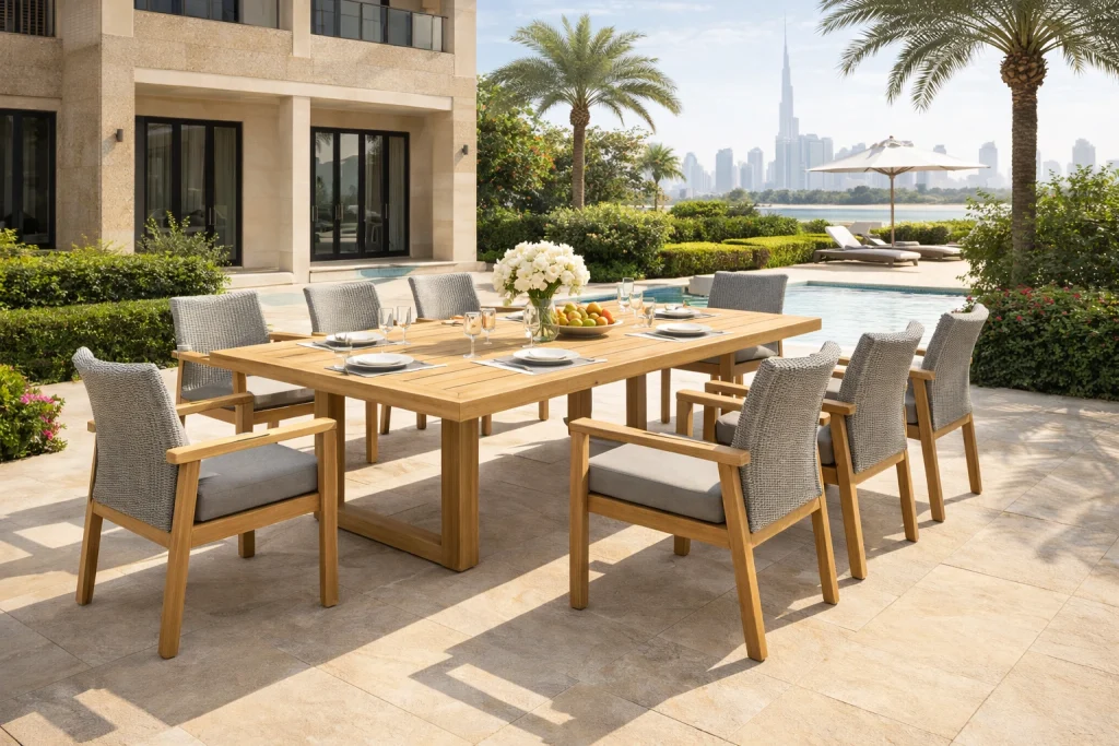 Outdoor dining furniture featuring a teak table and all-weather chairs designed for villa gardens in the UAE climate
