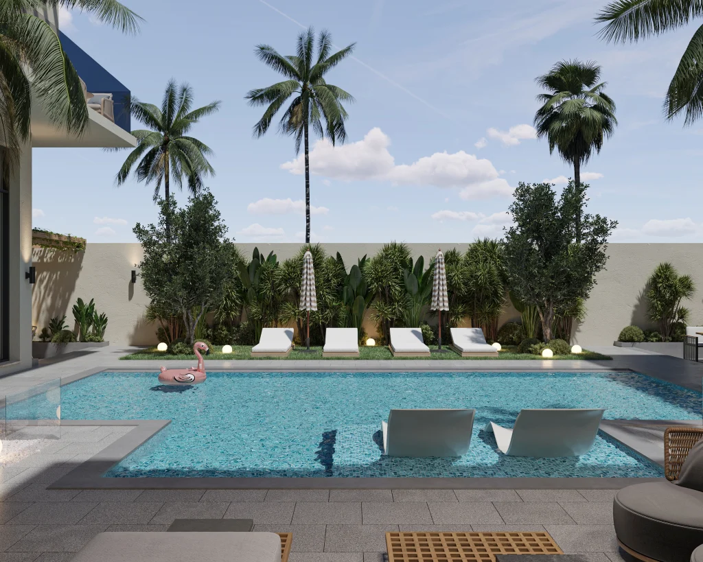 Outdoor garden design with poolside lounge furniture and shaded seating in UAE villa