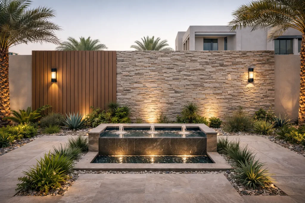 Outdoor wall panels in WPC and stone cladding designed to withstand UAE heat, dust, and sunlight in a landscaped villa courtyard.