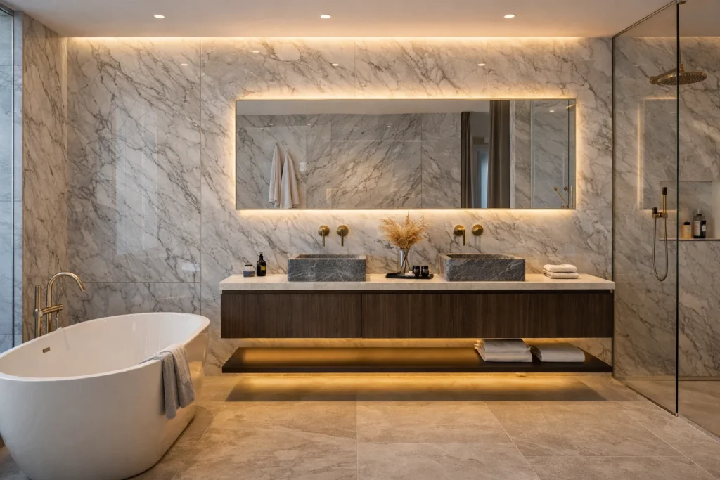 PVC wall panels with marble-effect finish installed in a bathroom, offering waterproof decorative wall paneling suitable for Dubai humidity.