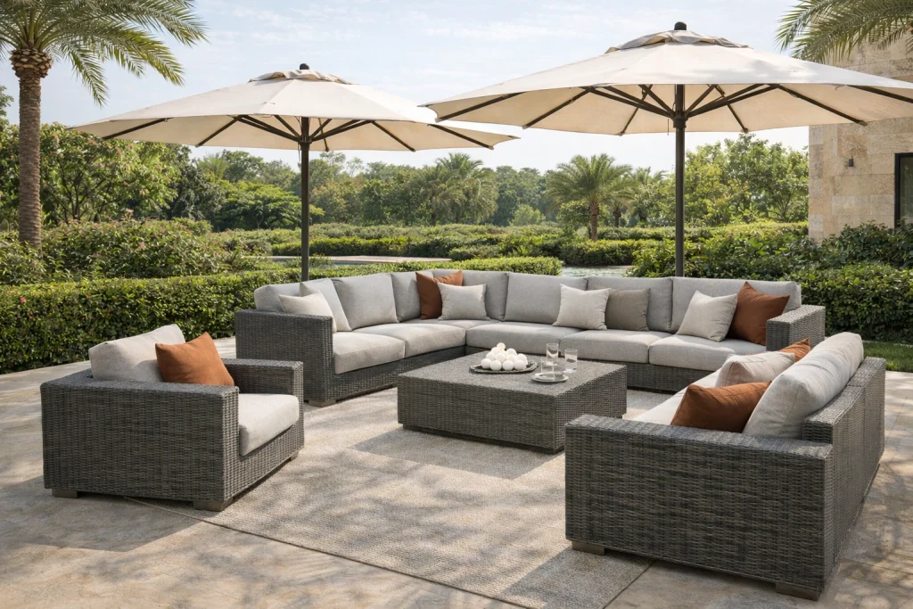 Parasol outdoor furniture providing UV protection over a luxury garden seating area designed for harsh UAE sunlight