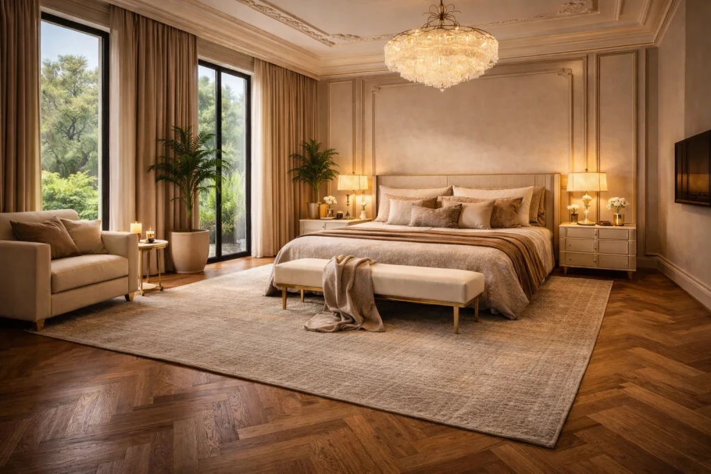 Parquet flooring in a Dubai villa bedroom creating a warm and comfortable residential atmosphere.