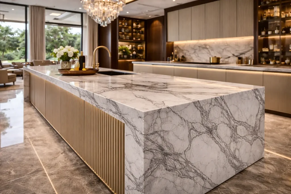 Porcelain kitchen countertop in a Dubai villa designed for durability and heavy use luxury kitchens.