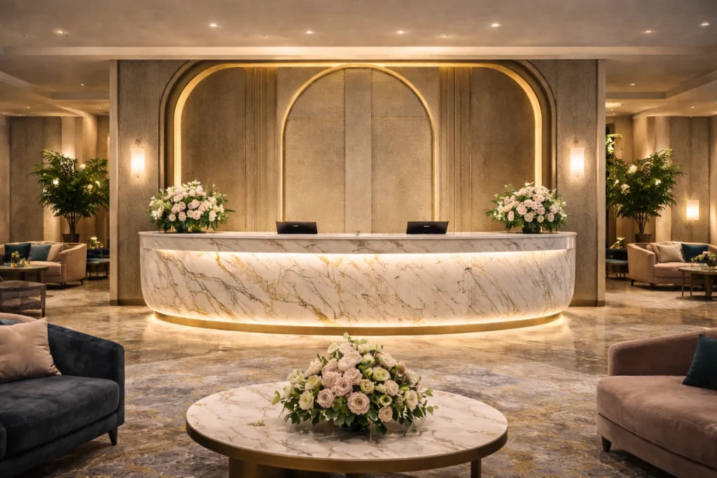 Statement reception desk in a Dubai hotel lobby designed as a brand-defining visual anchor.
