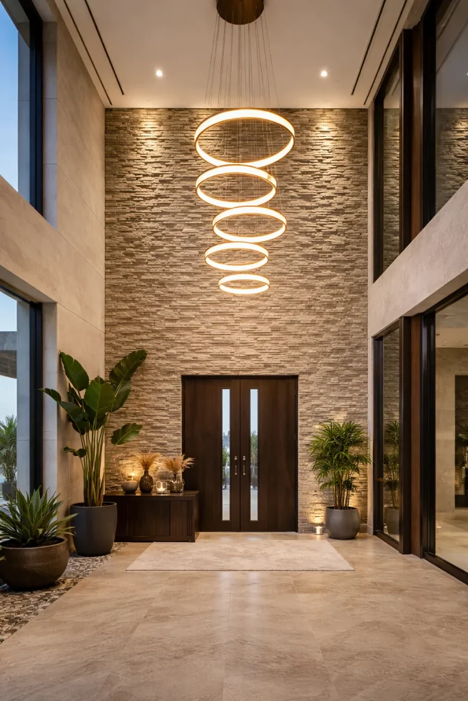 Stone wall panels used as wall cladding at a villa entrance, blending natural textures with modern architecture in a Dubai home.