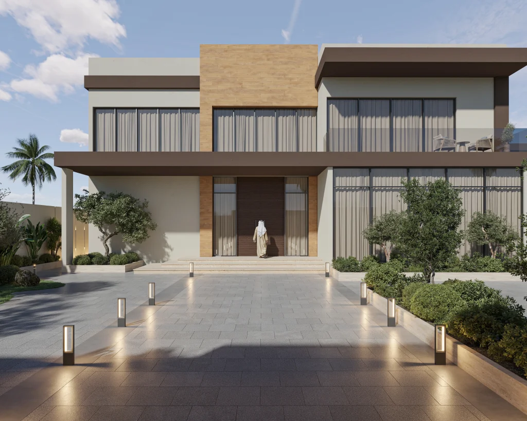Modern villa exterior with integrated landscape design and entrance pathway in Al Hamidiya, UAE