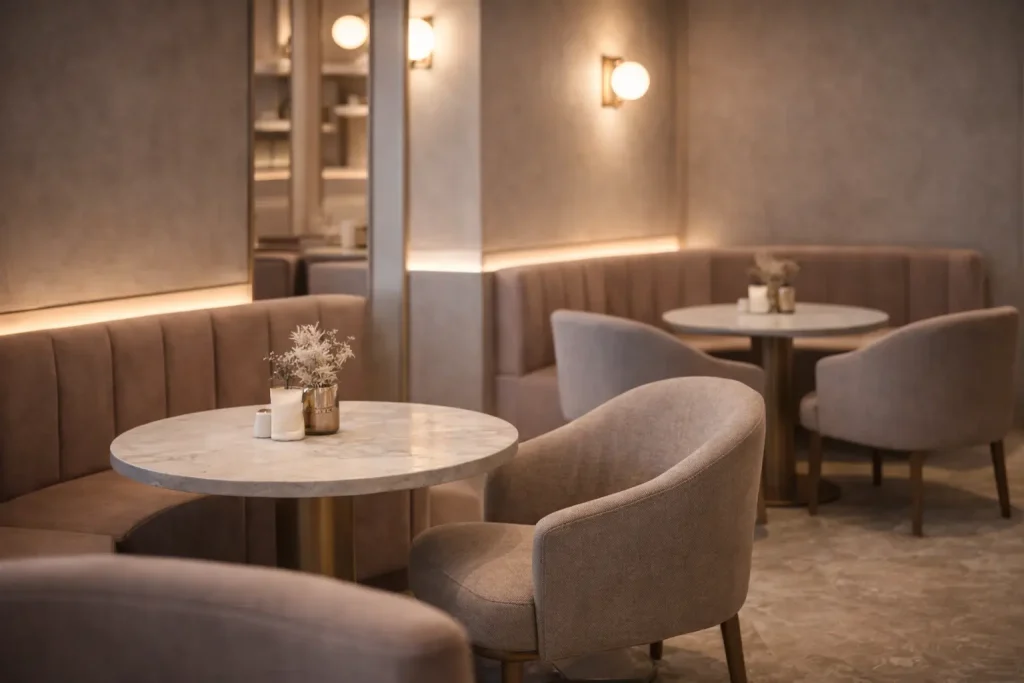 Warm lighting design used in a cafe interior to enhance ambience and improve photo quality.