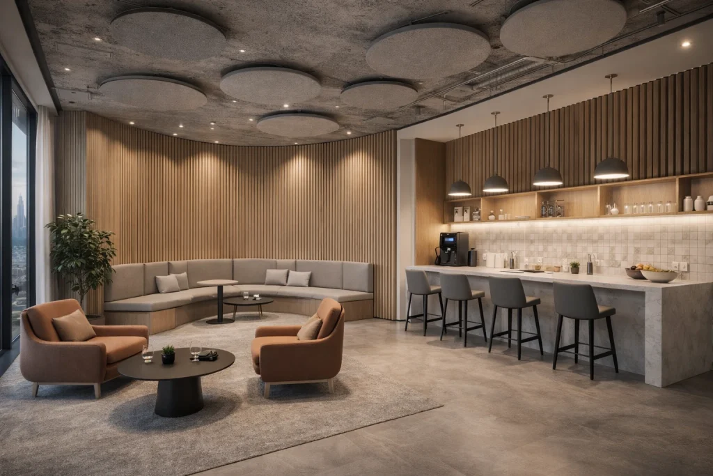 Employee wellness and break zone integrated into a Dubai office interior design.