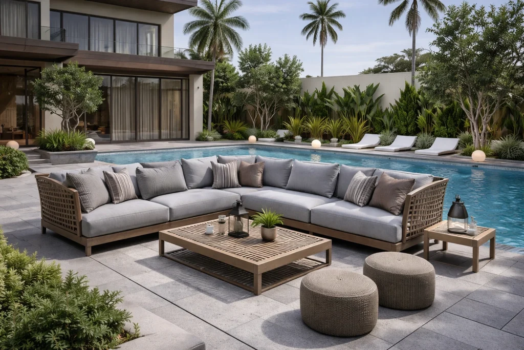 perfect Luxury outdoor furniture set with weather-proof aluminium frame and UV-resistant cushions arranged beside a villa swimming pool