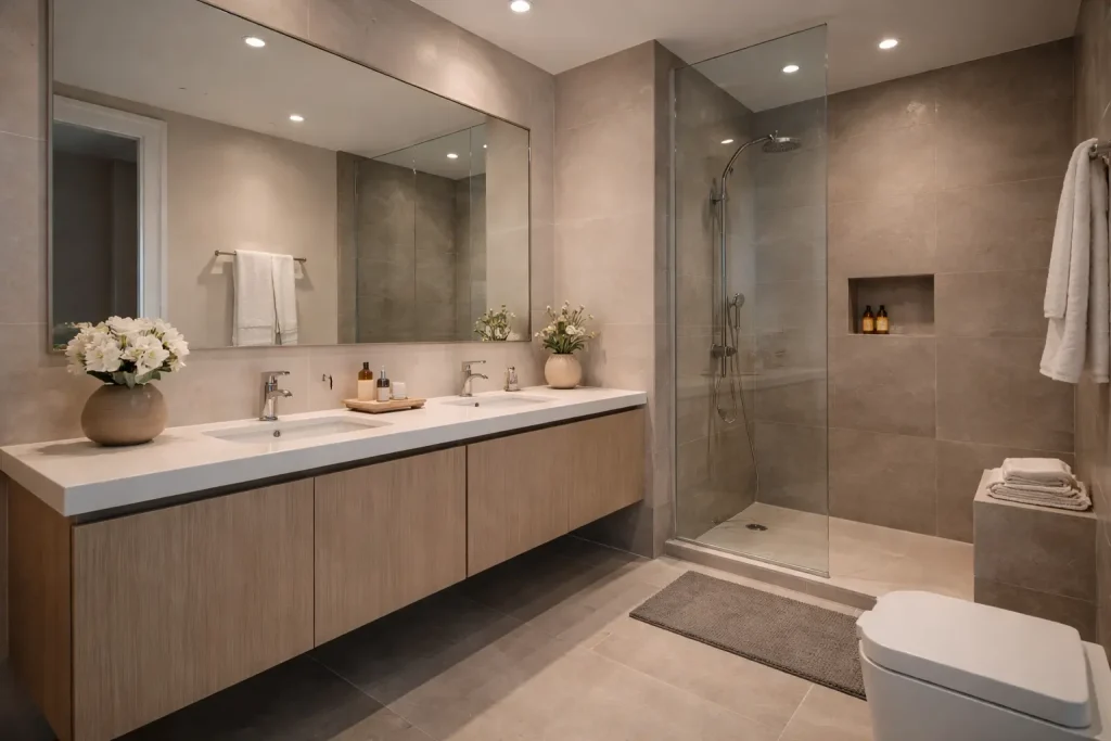 Low-maintenance bathroom design for Airbnb interiors using large-format tiles and simple fixtures.