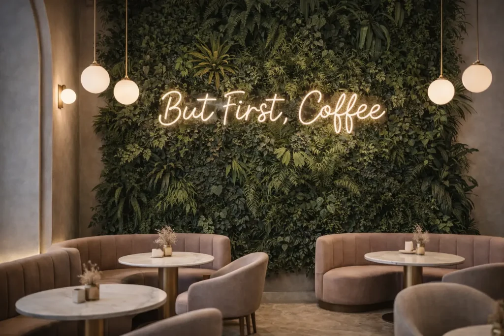 Instagrammable cafe feature wall designed as a visual hook in a Dubai coffee shop interior.
