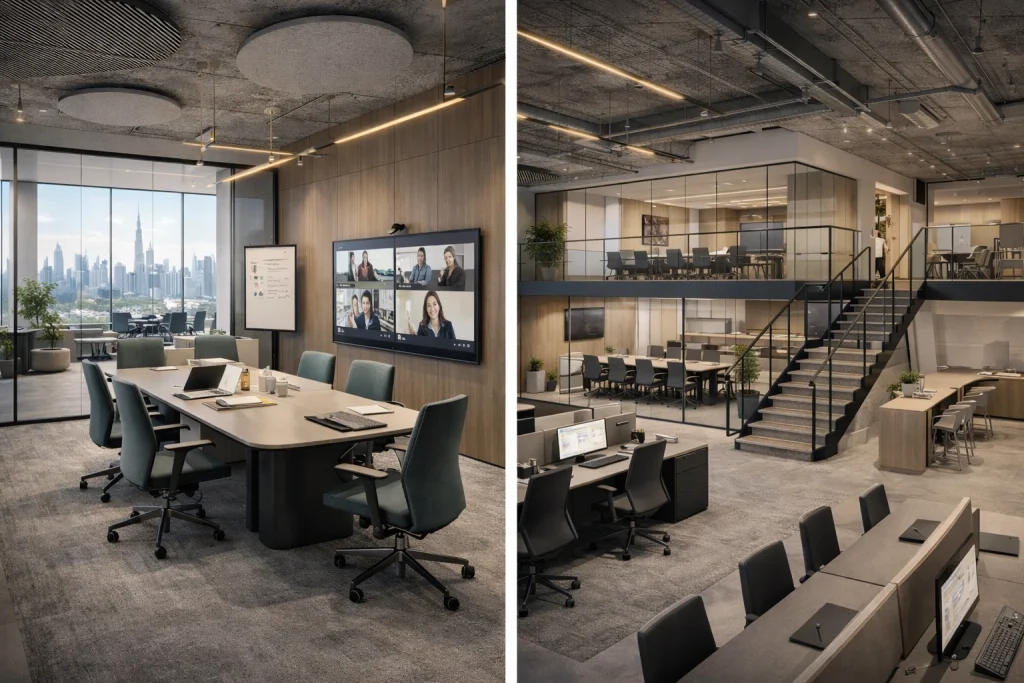 Collaborative meeting space designed for hybrid work in a modern Dubai office interior.