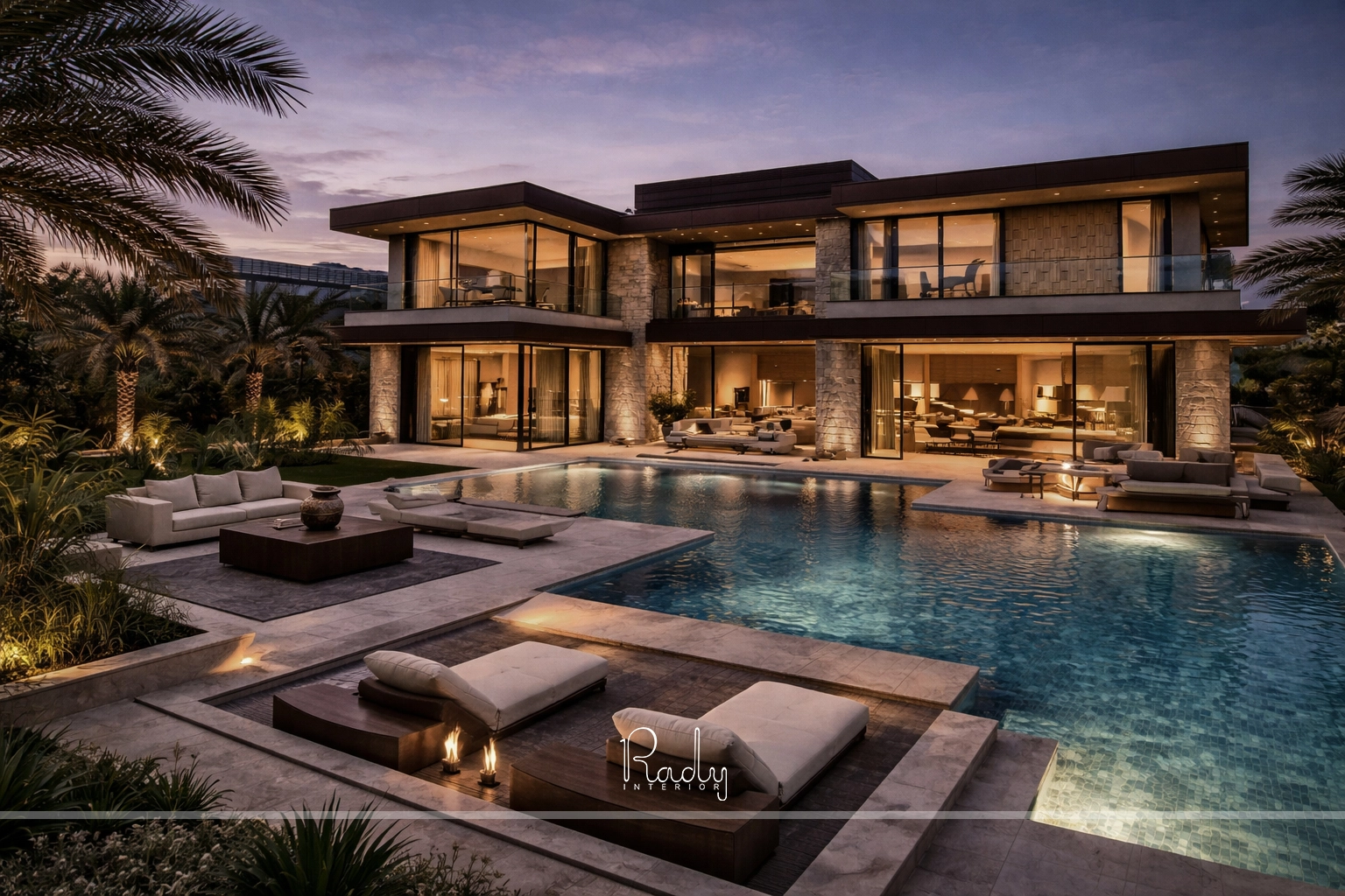 Luxury L-shaped swimming pool design in Dubai villa with overflow edge