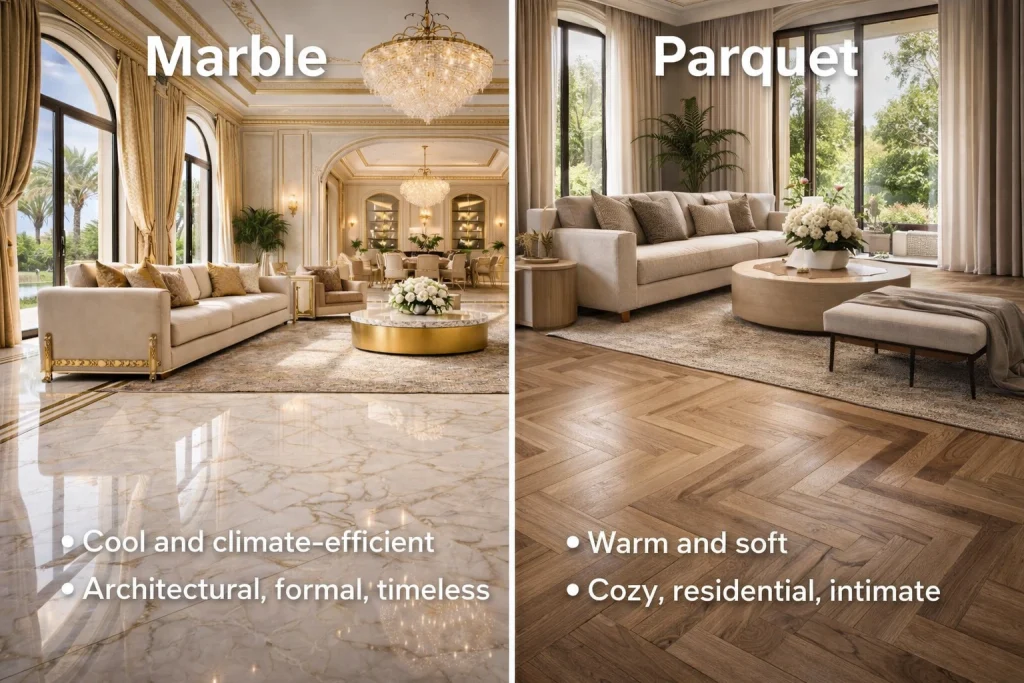 Villa interior using marble flooring in living areas and parquet flooring in private rooms.