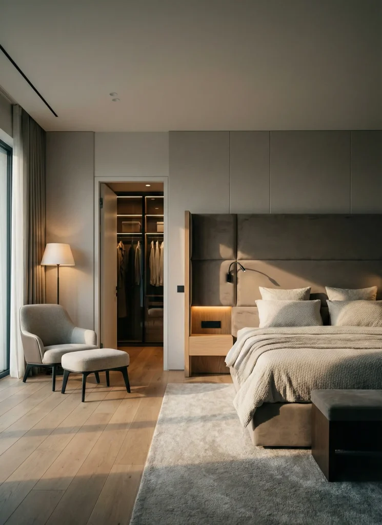 Master bedroom interior design with custom headboard and hotel-style layout.