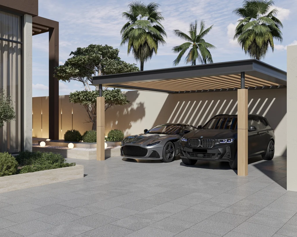 Villa landscape design featuring pergola-covered parking and hardscaped driveway in UAE