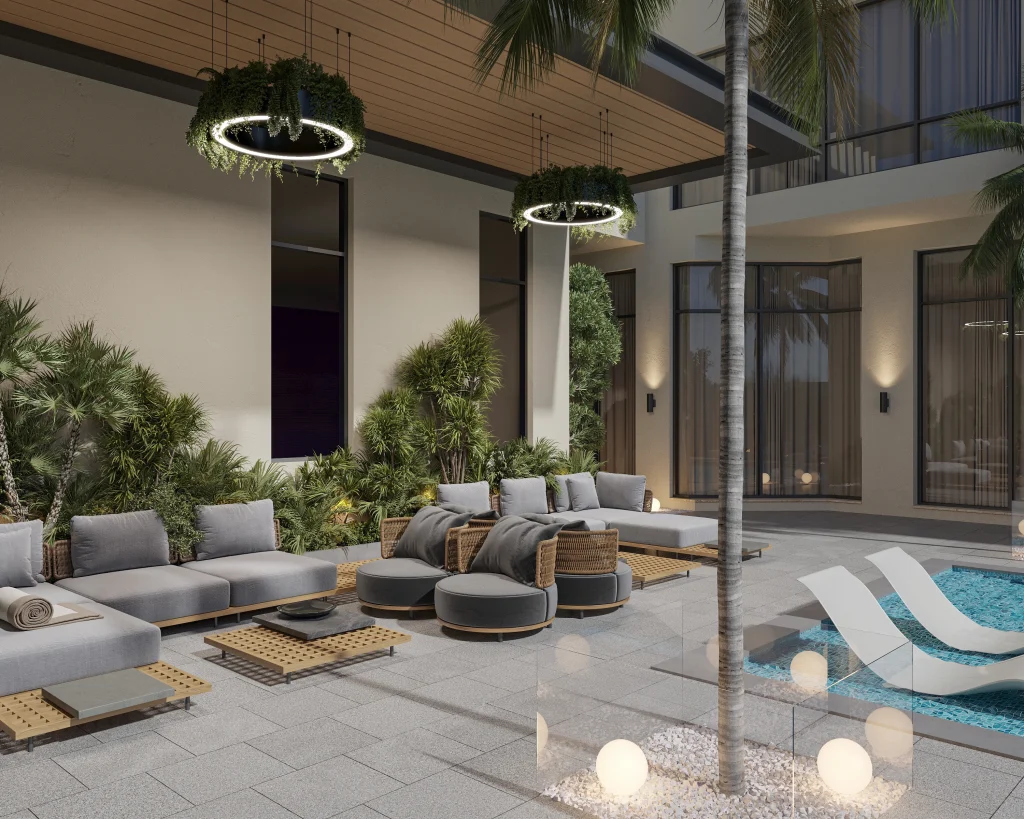 Landscape architecture design showing outdoor seating, greenery, and ambient lighting for villa garden