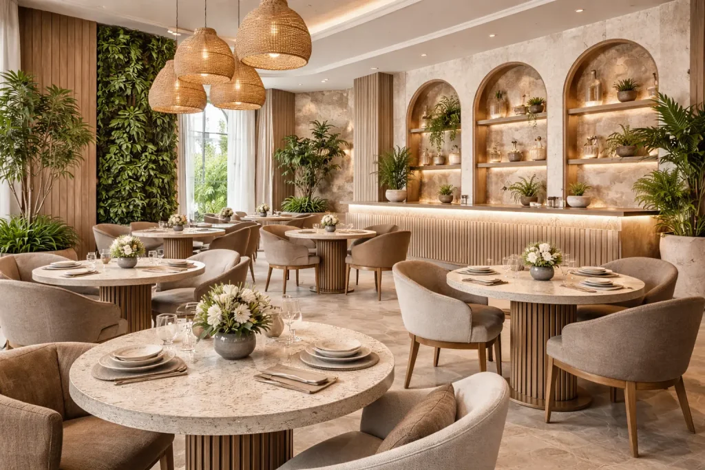 Modern restaurant interior using sustainable materials and clean finishes