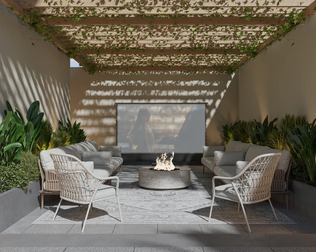 Landscape architecture design showing outdoor seating, greenery, and ambient lighting for villa garden