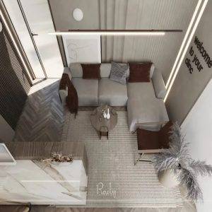 Luxury modern living room interior design Luxury modern living room interior design in Dubai featuring L-shaped sofa, neutral tones, textured finishes, and bespoke lighting by Rady Interior