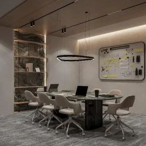 office meeting room interior design Luxury office meeting room interior design in Dubai featuring modern conference table, ergonomic chairs, ambient lighting, and contemporary finishes by Rady Interior